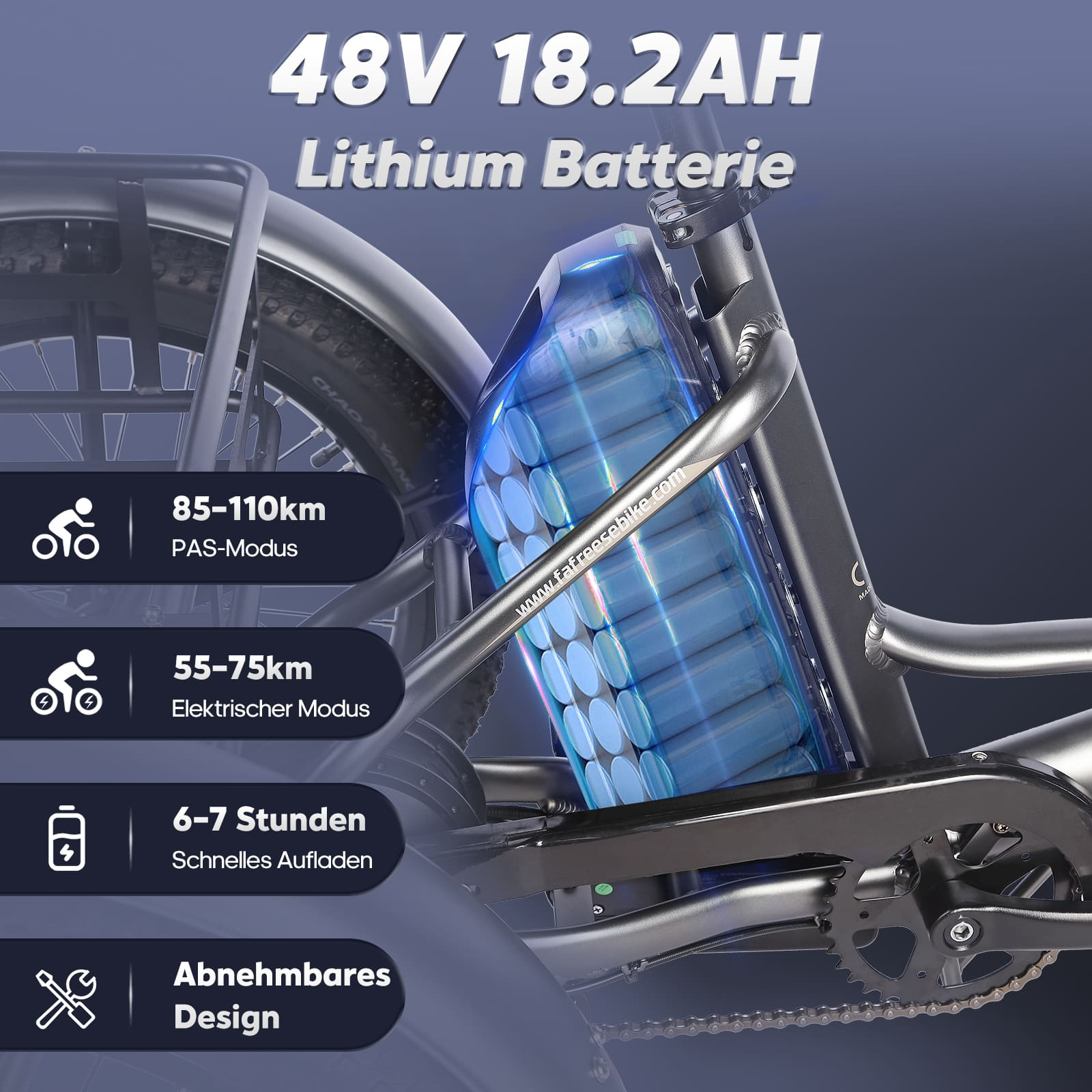 E-bike con batteria blu, testo su autonomia, velocità e tempo di ricarica.