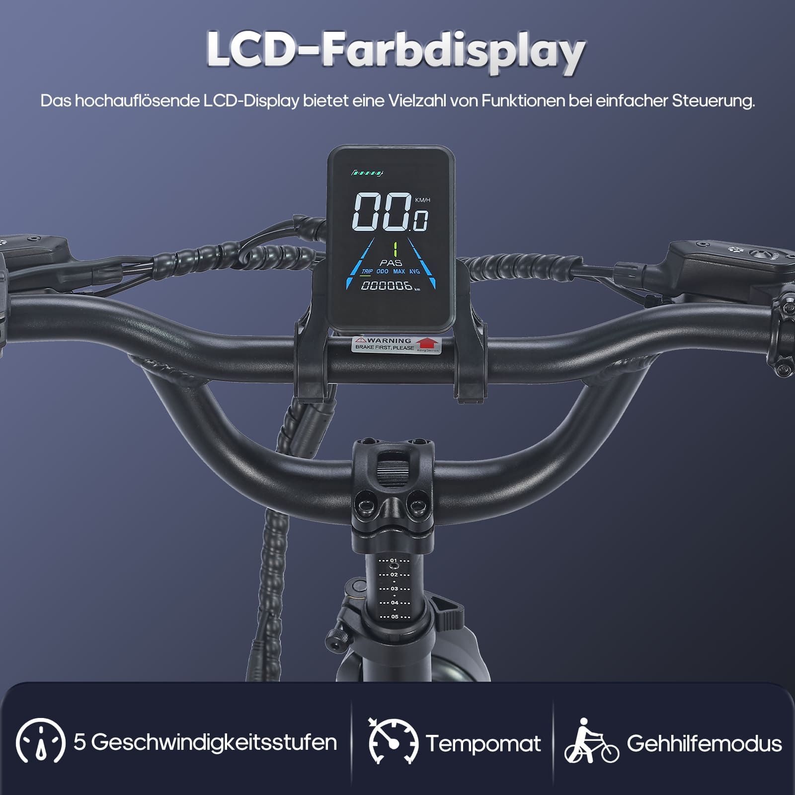 Manubrio di uno scooter elettrico con display digitale che mostra la velocità e altre informazioni.