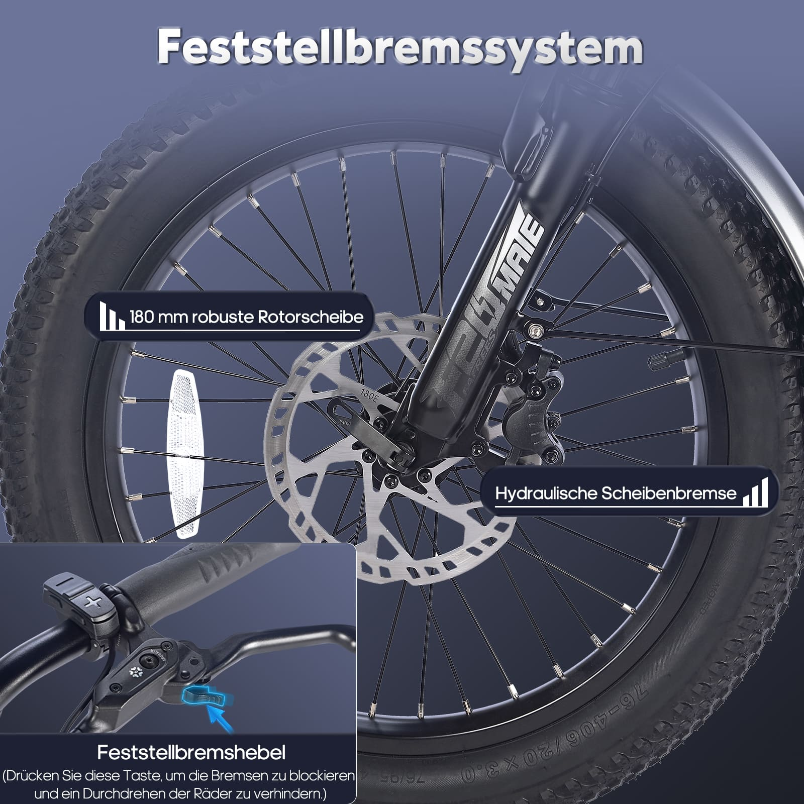 Primo piano del sistema frenante di una bicicletta. Mostra la leva del freno, il rotore e la pinza.
