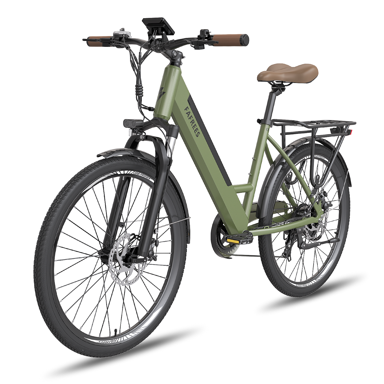 Una bicicleta eléctrica verde oliva con detalles marrones, vista desde el frente y el lado derecho.