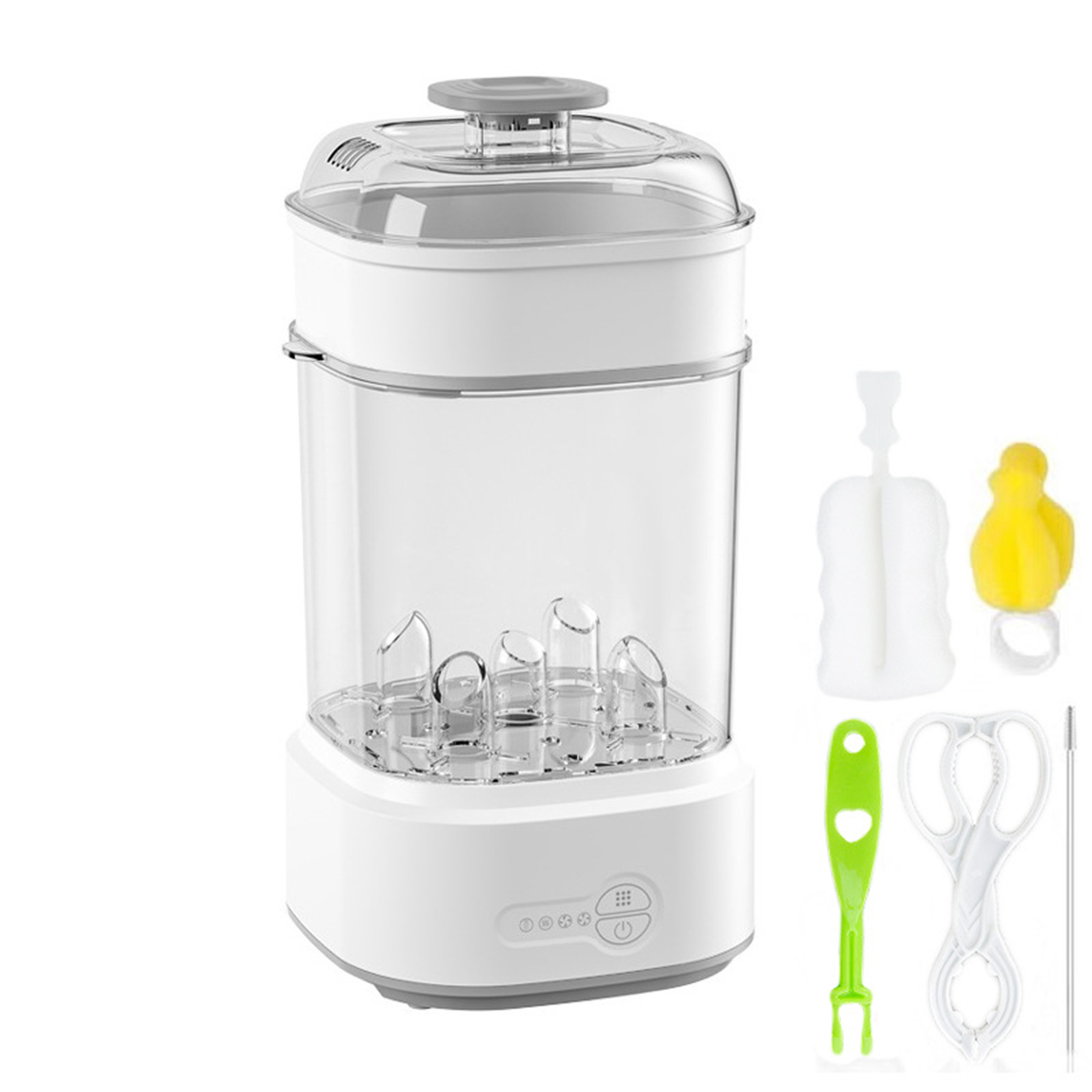 Weißer Babyflaschensterilisator mit Zubehör wie Bürste und Zange.