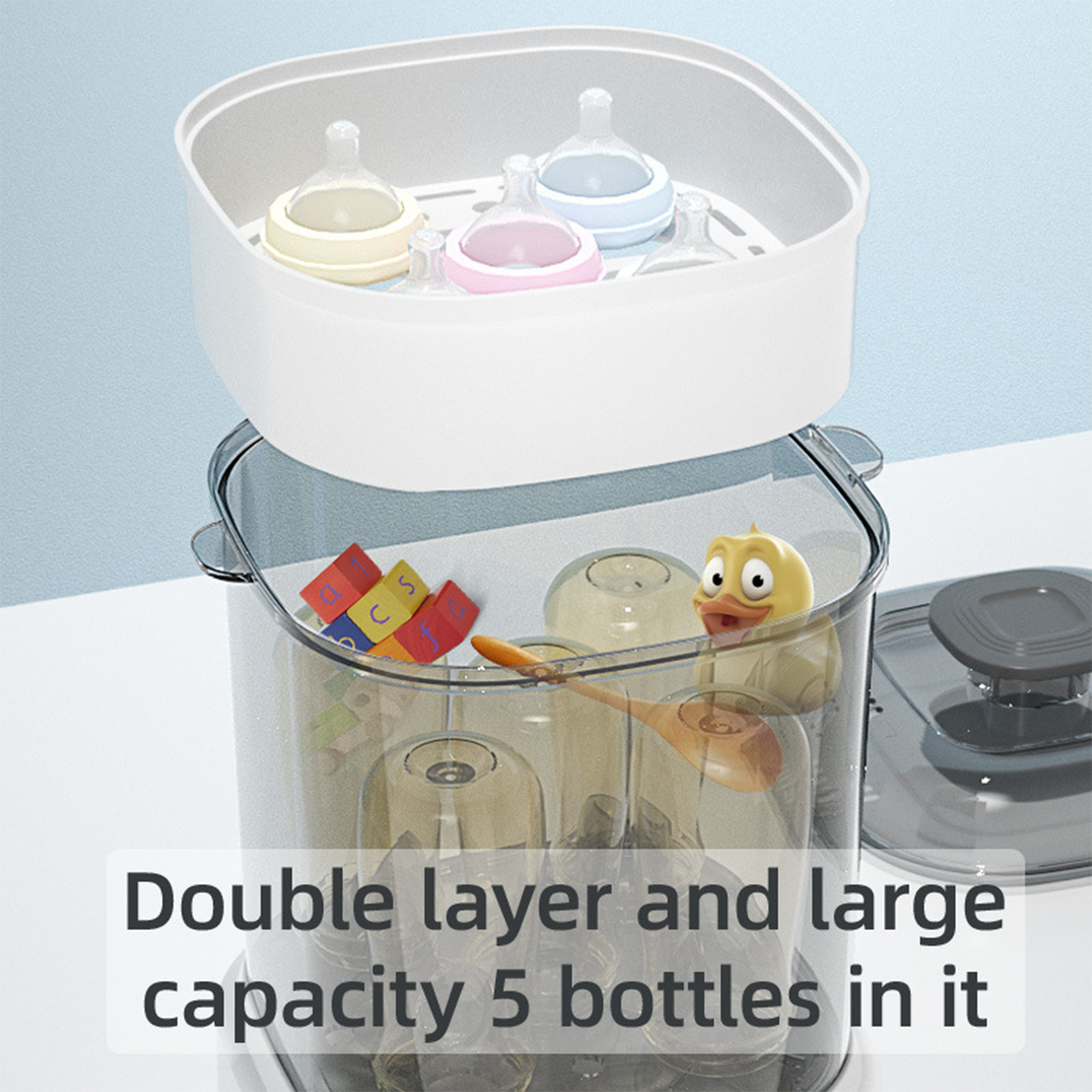 Ein Babyflaschensterilisator mit Flaschen und Spielzeug. Text zeigt Doppelschicht und Kapazität.