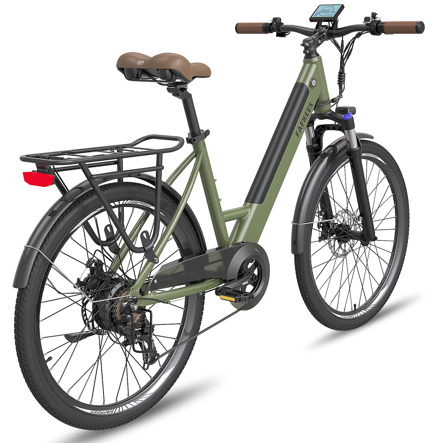 Bicicleta eléctrica verde sobre fondo blanco. Cuenta con componentes negros, asiento marrón.