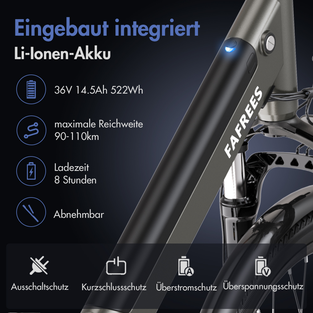 Nahaufnahme des Akkus eines Elektrofahrrads mit Details zu Spannung, Reichweite und Ladezeit.