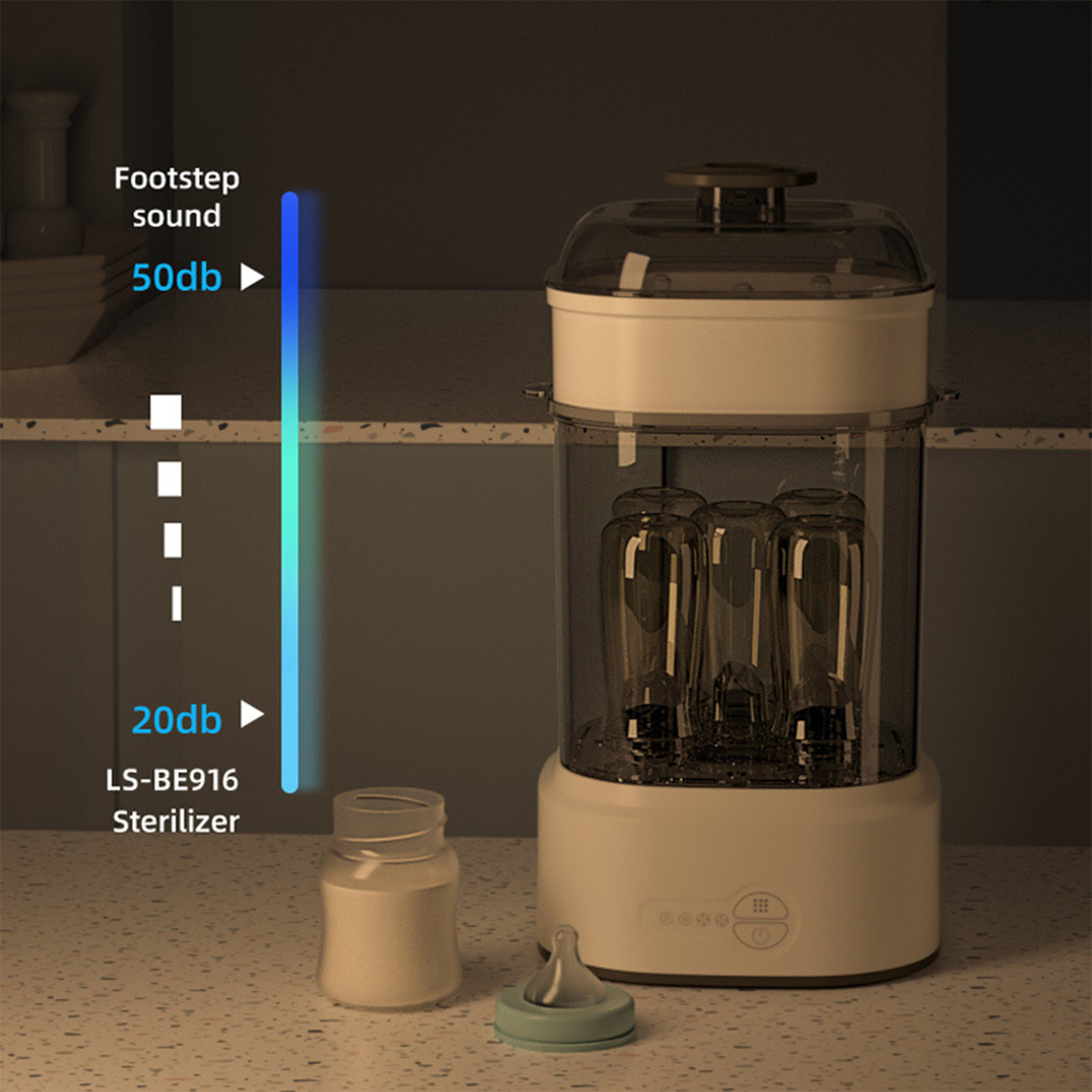 Babyflaschensterilisator mit Flaschen und Pulver. Dunkler Hintergrund.