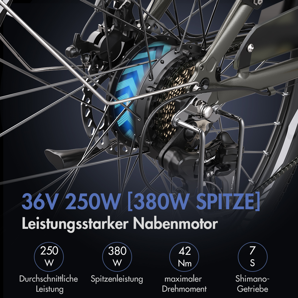 Nahaufnahme von E-Bike-Komponenten: Gänge, Motor und Batterie. Text zeigt Motorspezifikationen, Leistung und maximales Drehmoment.