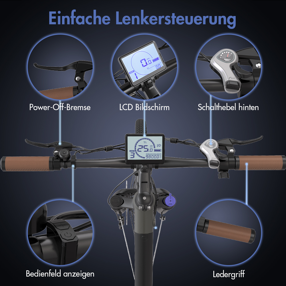 Fahrradlenker mit Bedienelementen: LCD-Bildschirm, Bremshebel und Griffe. Schwarz und Braun.