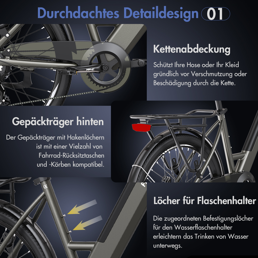 E-Bike-Details: Kettenschutz, Gepäckträger hinten und Flaschenhalter. Text: Durchdachtes Detaildesign.