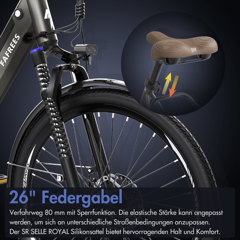 Schwarzes und graues Fahrrad mit braunem Sattel. Der Text lautet „26“ Federgabel, die Federung hervorhebend.