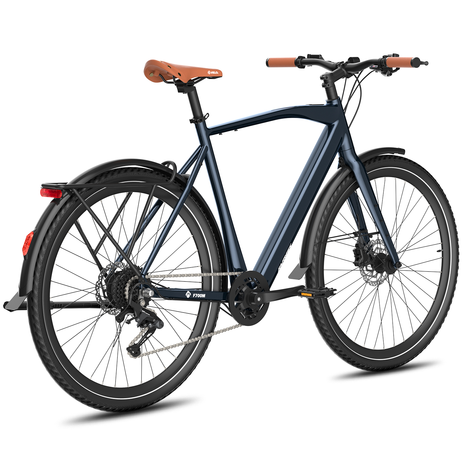 Bicicletta elettrica blu con sella e manubrio marroni. Presenta pneumatici neri e un design elegante.