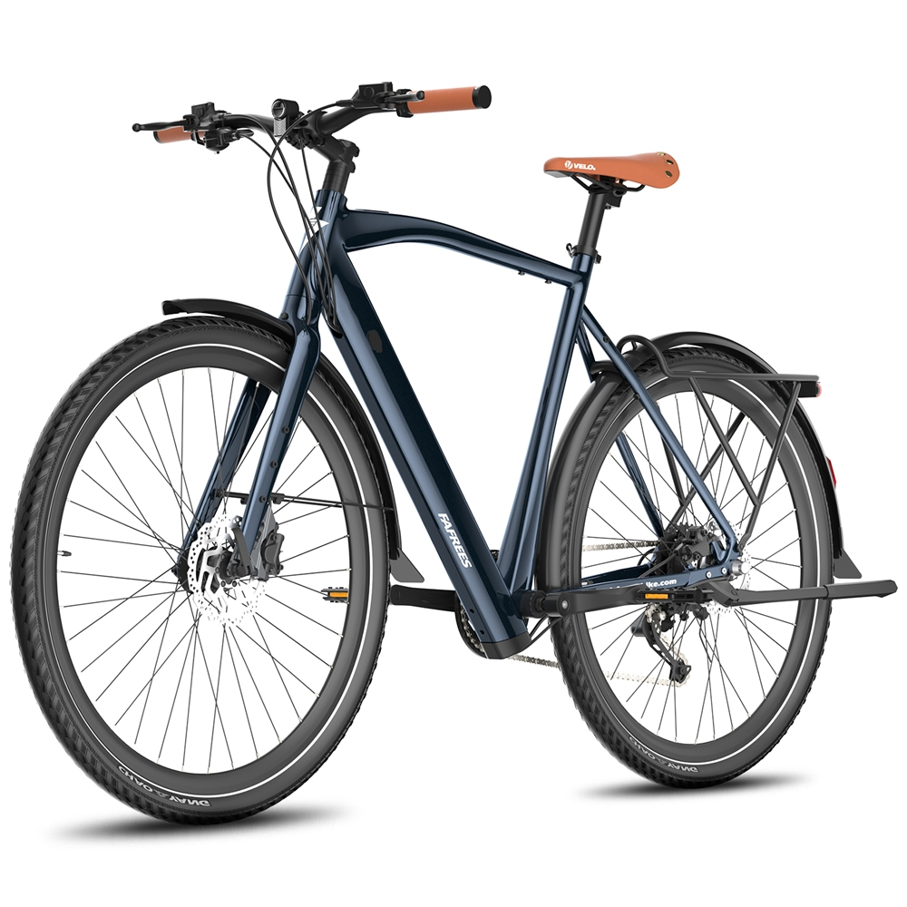 Una bici da strada blu con manubrio marrone e sella marrone, su sfondo bianco.