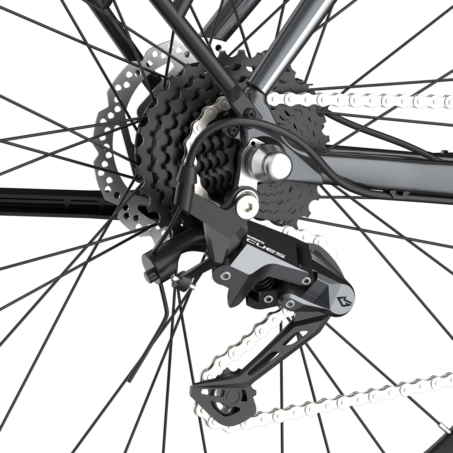 Componenti della ruota della bicicletta: deragliatore posteriore, cassetta e raggi, tutto in toni scuri.