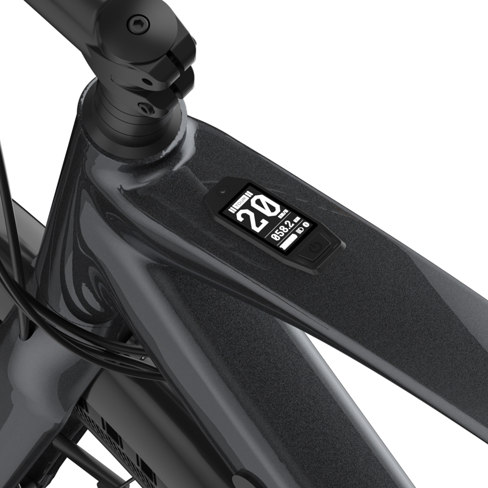 Telaio della bicicletta nero e grigio. Uno schermo LCD visualizza velocità, distanza e altre informazioni.