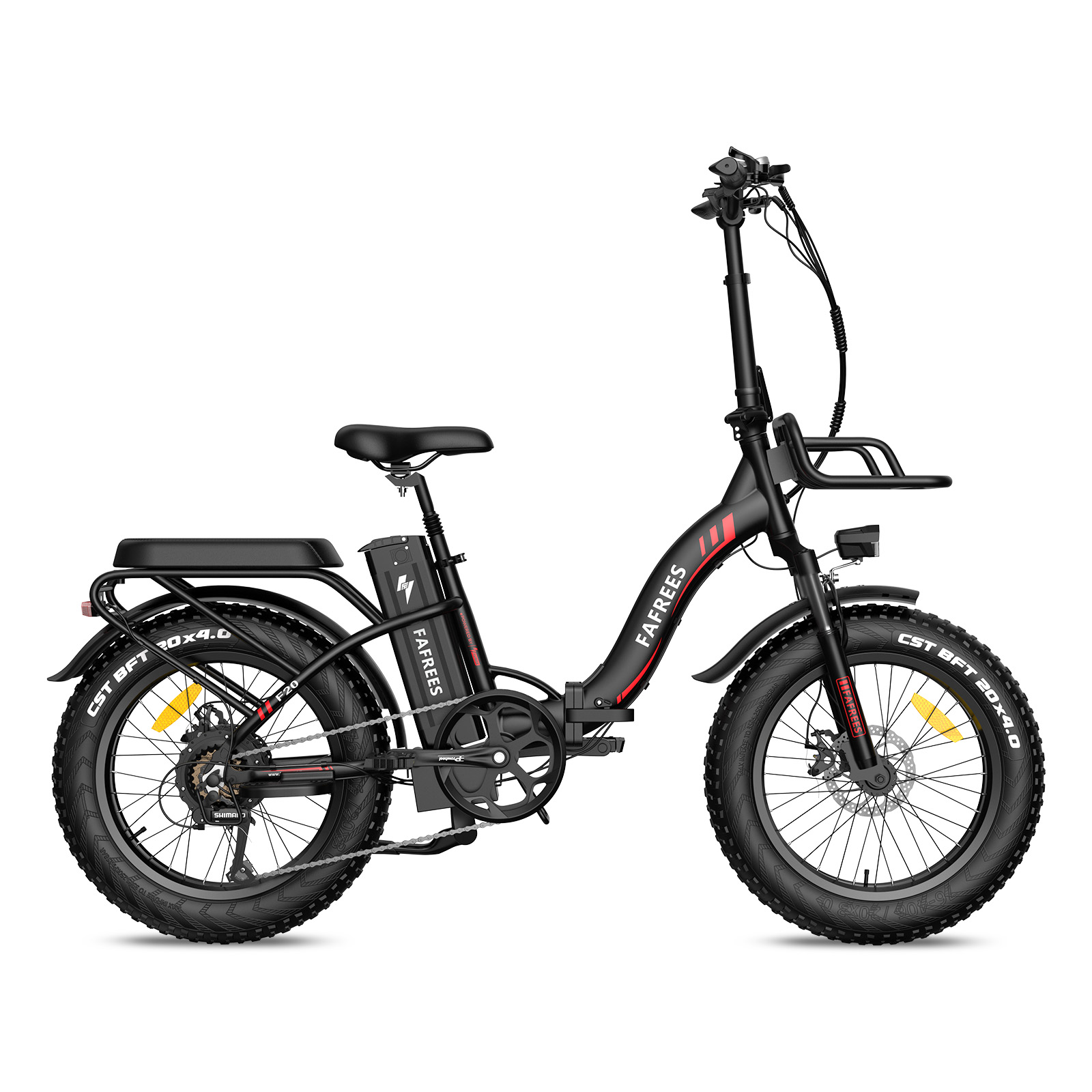 Schwarzes Elektrofahrrad mit fetten Reifen, roten Akzenten und Korb.