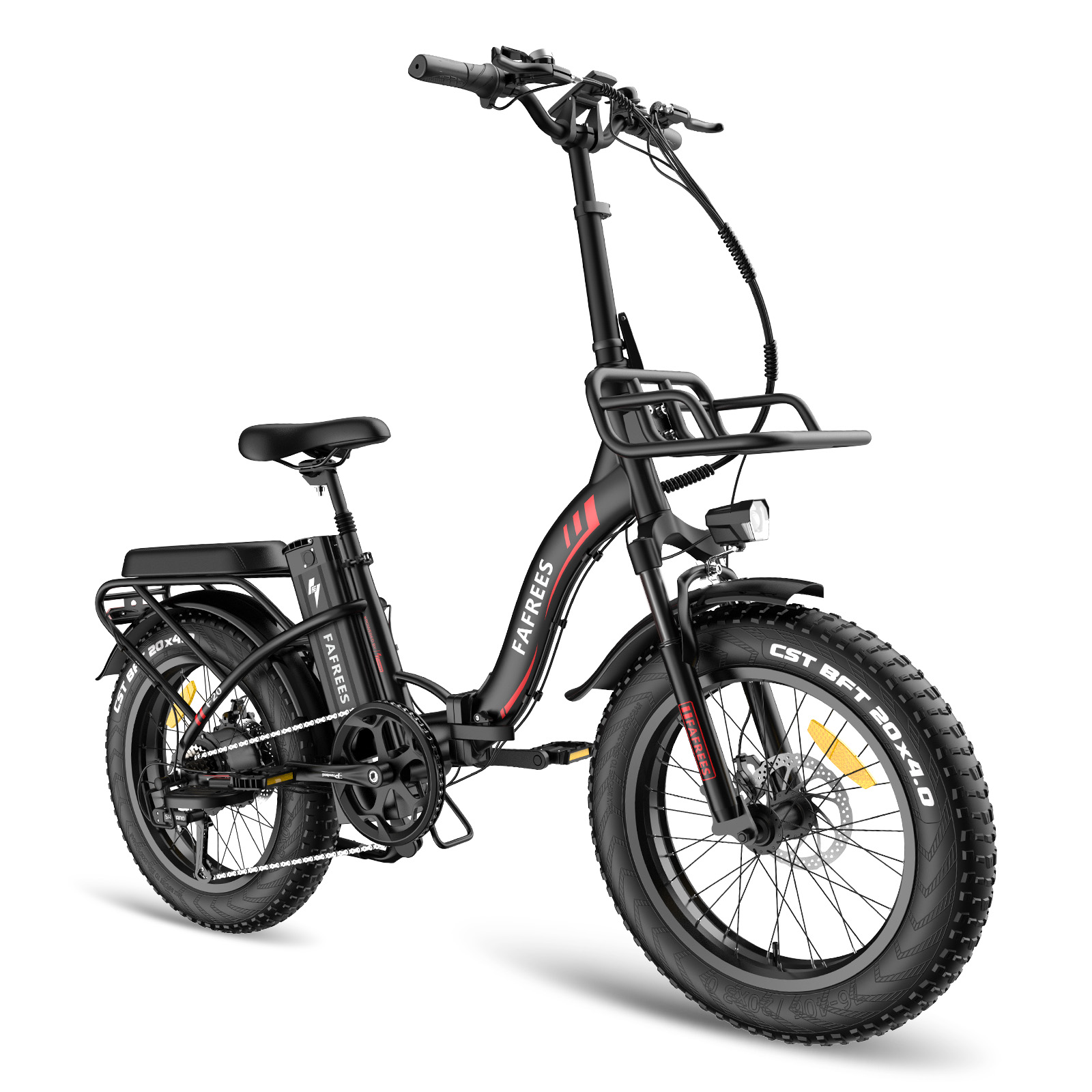 Schwarz-goldenes, faltbares Elektrofahrrad. Das Fahrrad steht vor weißem Hintergrund.