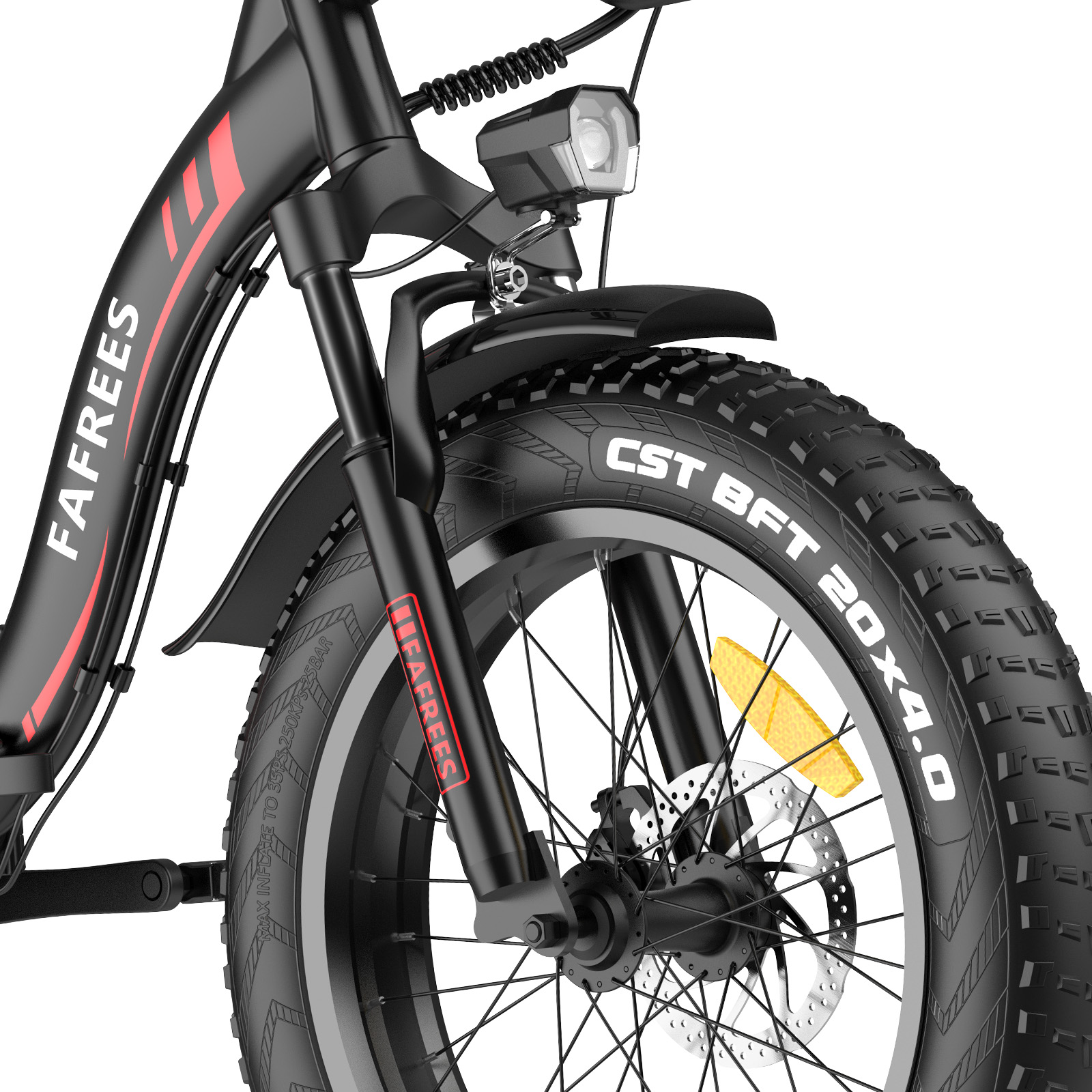 Schwarzes und rotes Elektrofahrrad-Rad. Fettreifen mit weißem Text, schwarze Gabel und Scheinwerfer.