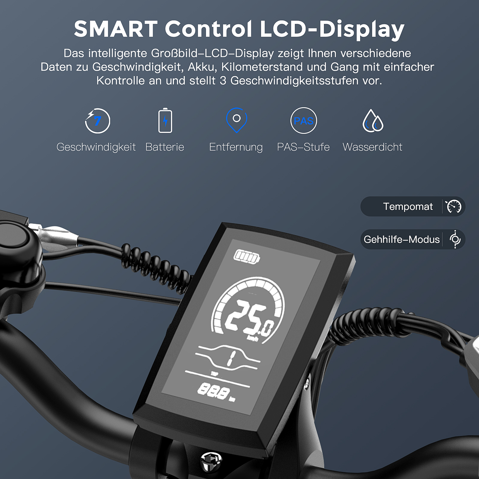 Nahaufnahme eines E-Bike-Displays zeigt Geschwindigkeit, Akku, Entfernung und andere Daten.