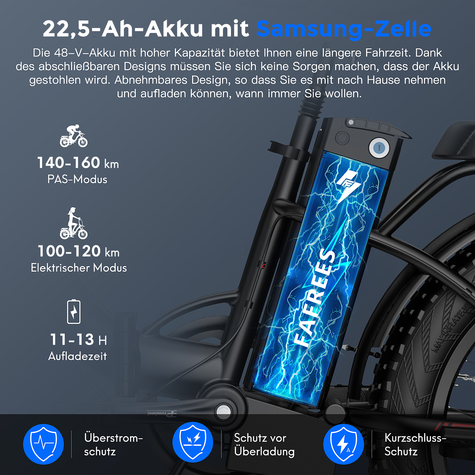 Ein Elektrofahrrad mit Batterieinformationen, einschließlich Reichweite und Ladezeit. Details zum E-Bike sind sichtbar.