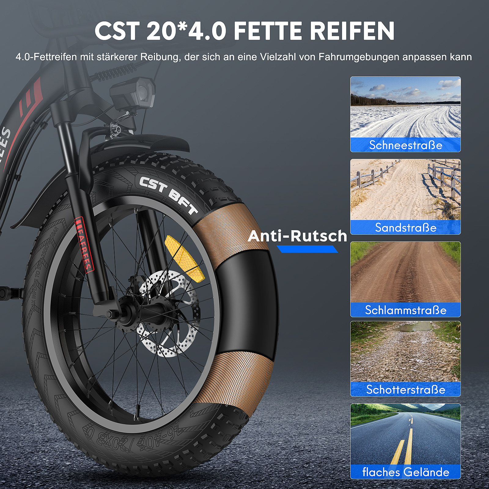 Ein schwarz-brauner Fahrradreifen mit Text und Bildern verschiedener Terrains: Schnee, Sand, Schmutz und Asphalt.