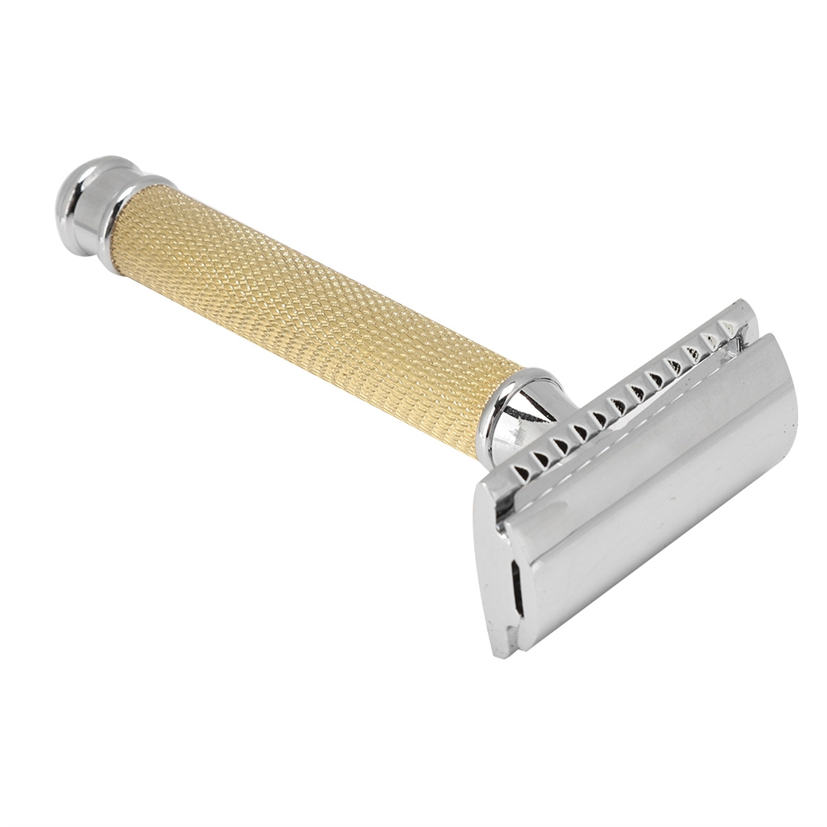 Gold-Silber-Sicherheitsrasierer auf Weiß. Der Griff hat ein strukturiertes Design. Weißer Hintergrund.
