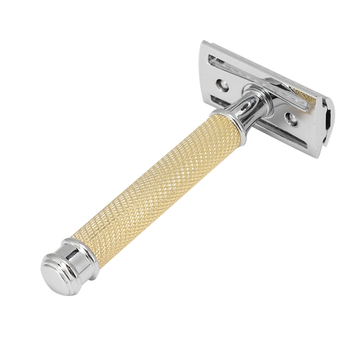 Ein goldenes und silbernes Rasierhobel, schräg auf einer weißen Oberfläche.
