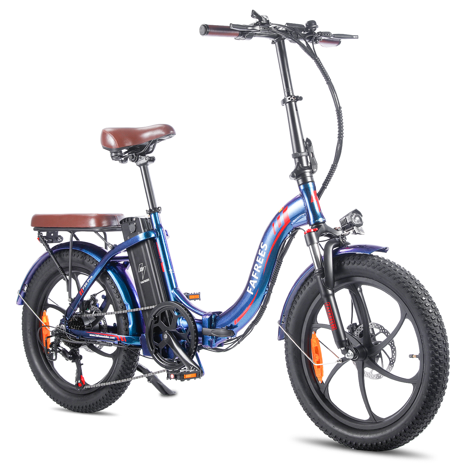 Blaues Elektro-Klapprad mit braunem Sitz und Reifen. Es hat eine schwarze Federung und Motor.