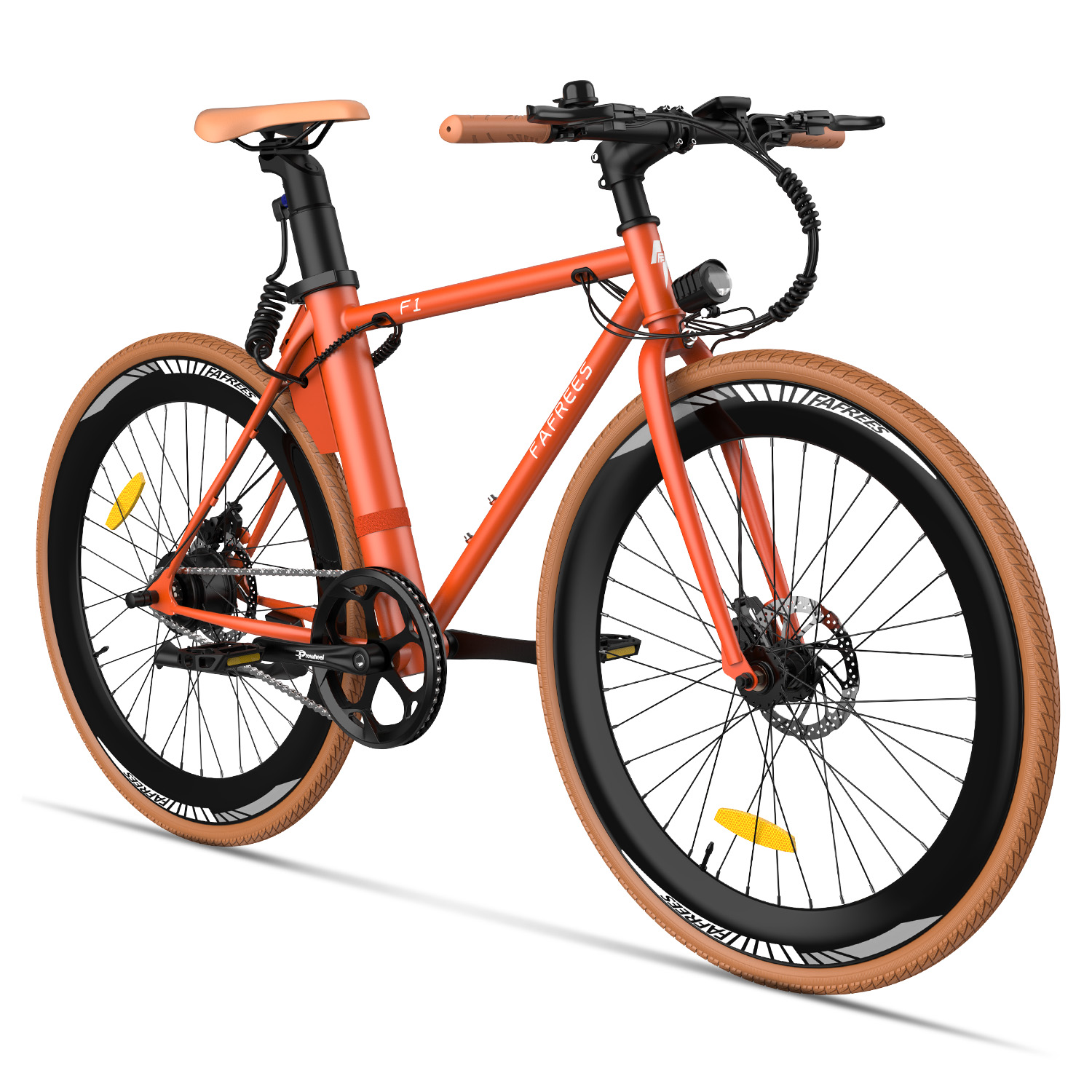 Una bici elettrica arancione con pneumatici e manubrio marroni. Il telaio è arancione. Lo sfondo è bianco.