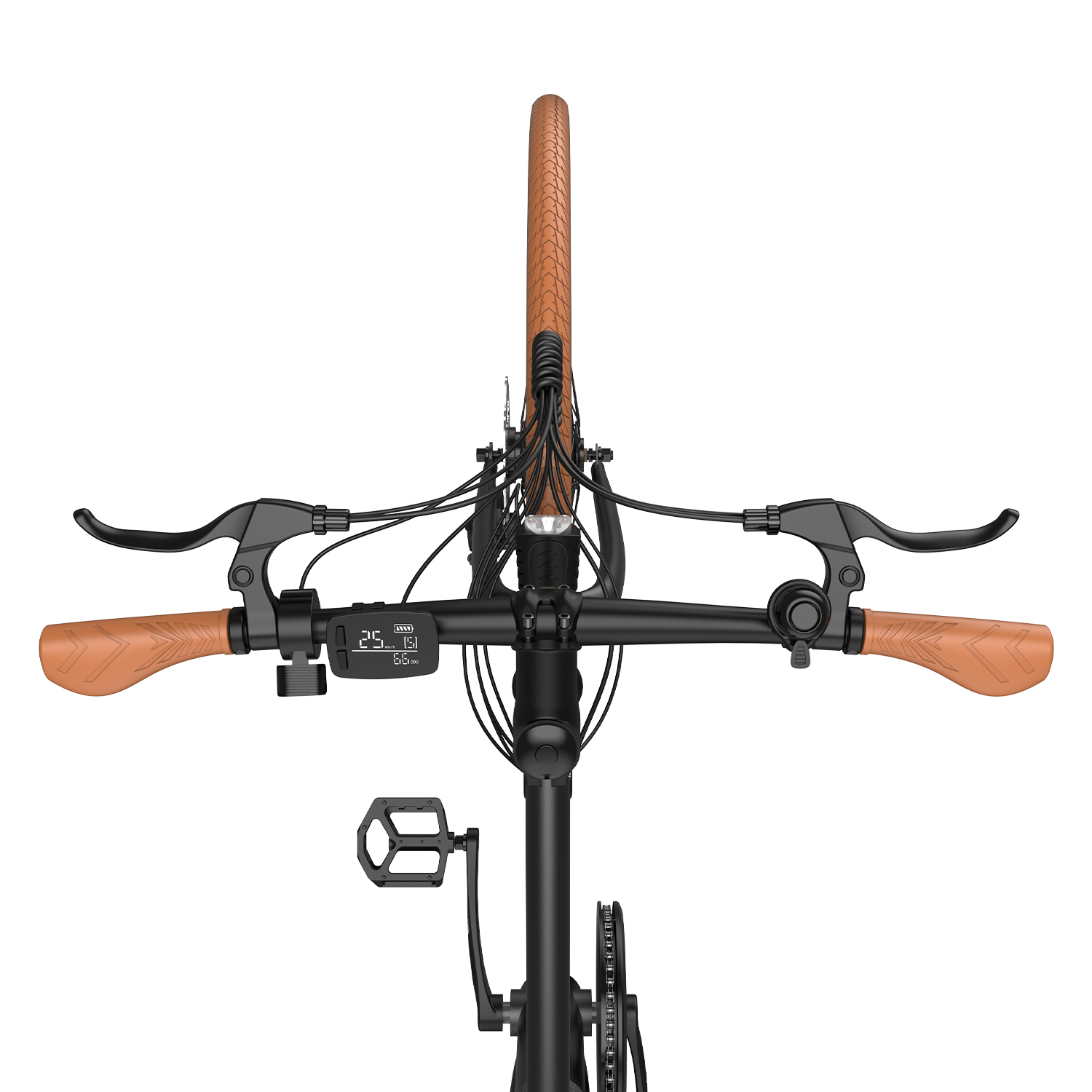 Vista dall'alto di una bicicletta nera con manubrio e sella marroni. Sfondo bianco.