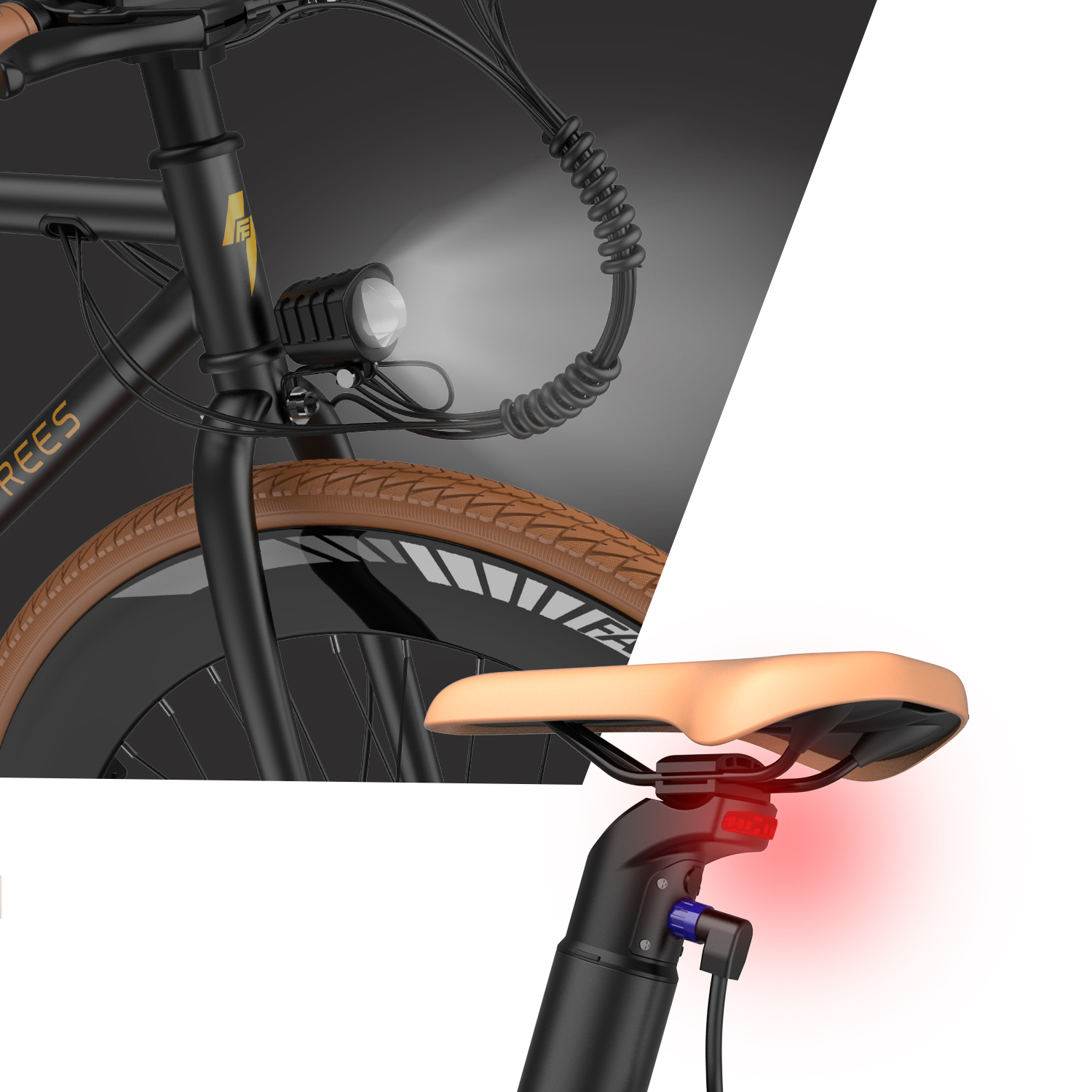 Bicicletta nera con faro, sella marrone e luce posteriore rossa.