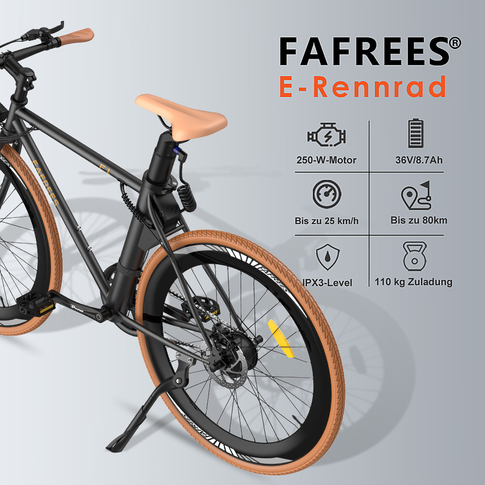 Bicicletta elettrica nera con sella beige, specifiche elencate a destra.