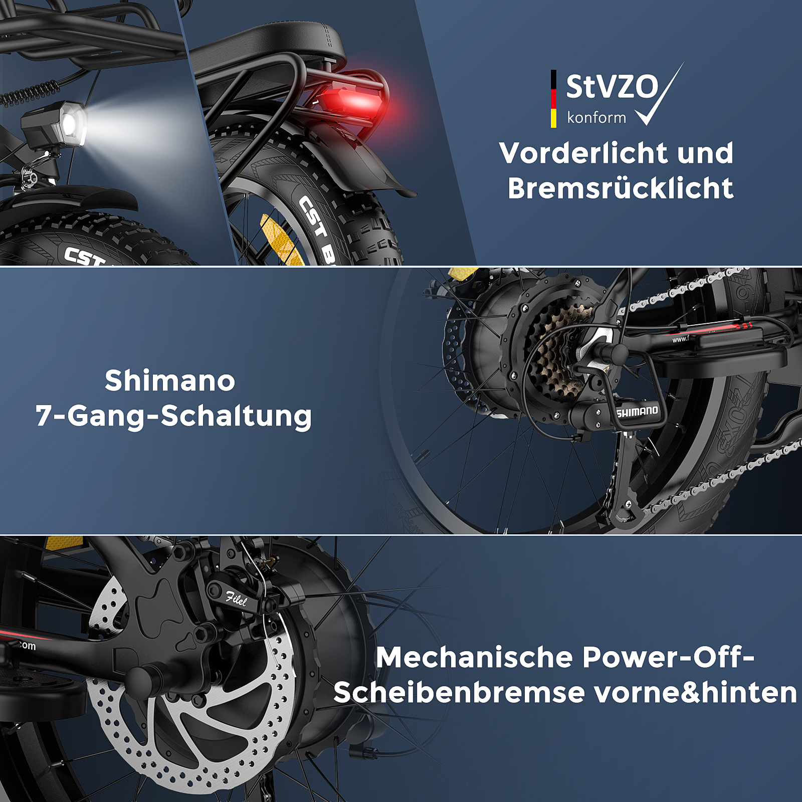 Nahaufnahme eines E-Bikes, Shimano-Gänge und Lichtdetails.