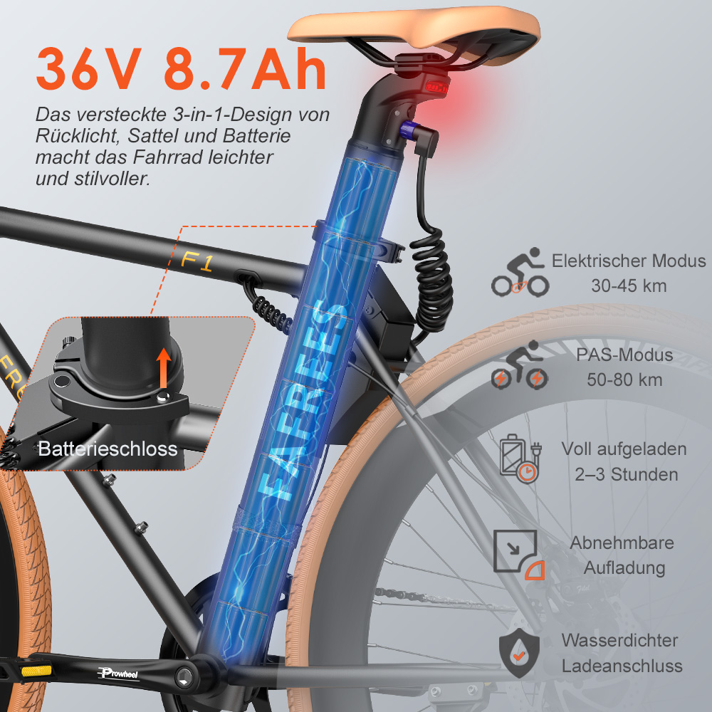 Bicicletta elettrica con informazioni sulla batteria. Include modalità elettrica, modalità PAS e ricarica rimovibile.