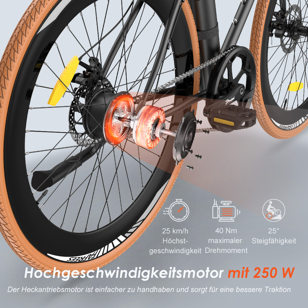 Primo piano della ruota della e-bike, evidenziando motore e freni a disco, con dettagli di velocità e coppia.