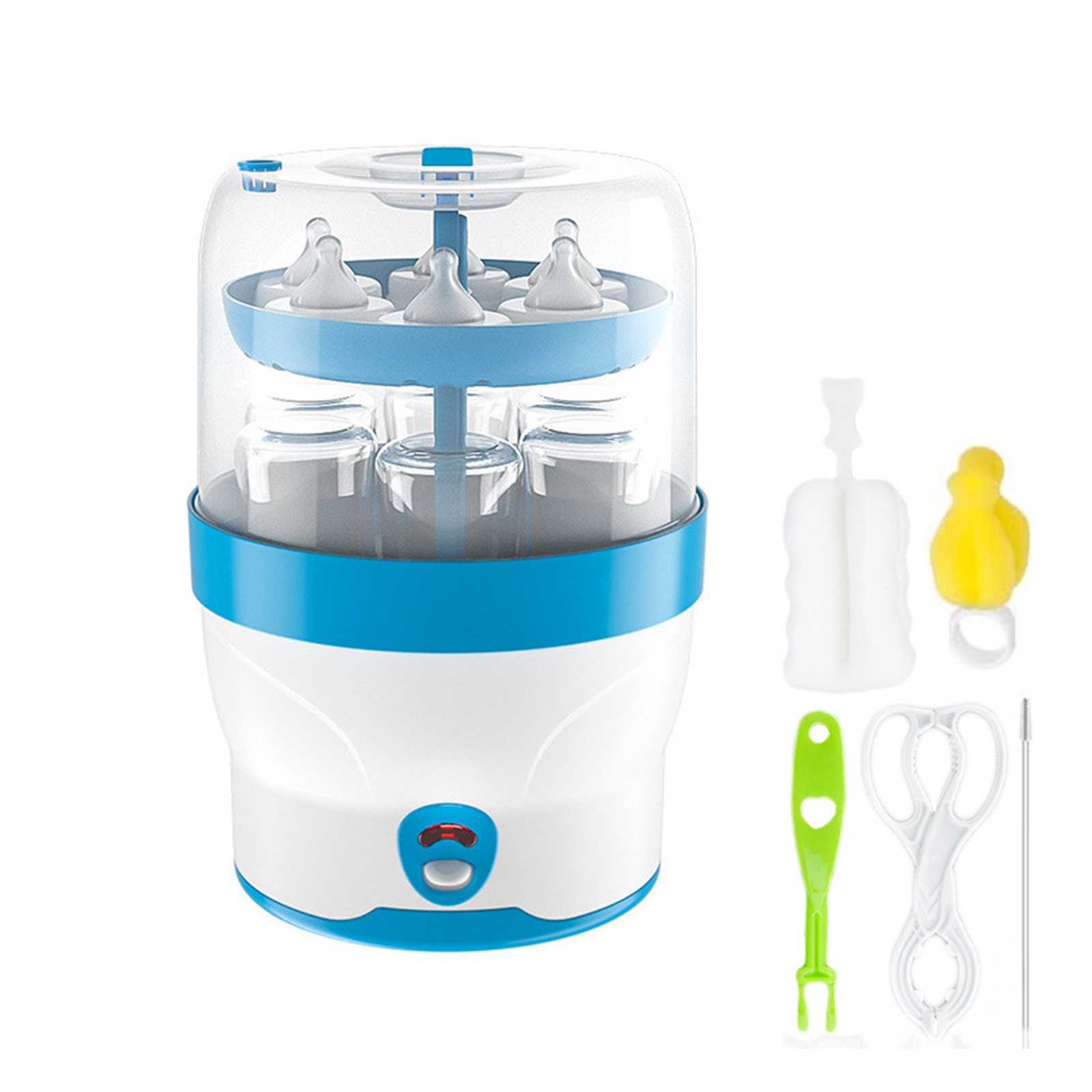 Ein weiß-blauer Babyflaschensterilisator mit Flaschen und Zubehör.