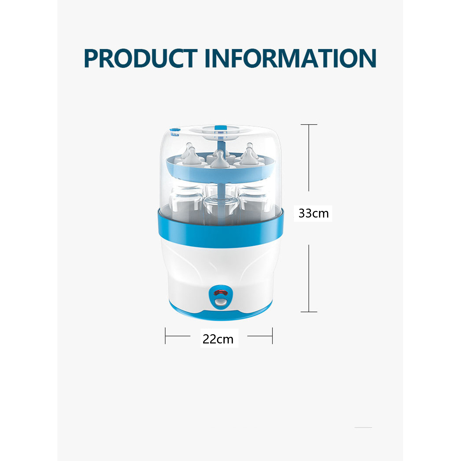 Weißer und blauer Babyflaschensterilisator mit Maßen. Es hat einen transparenten Deckel und einen Ein- / Ausschalter.