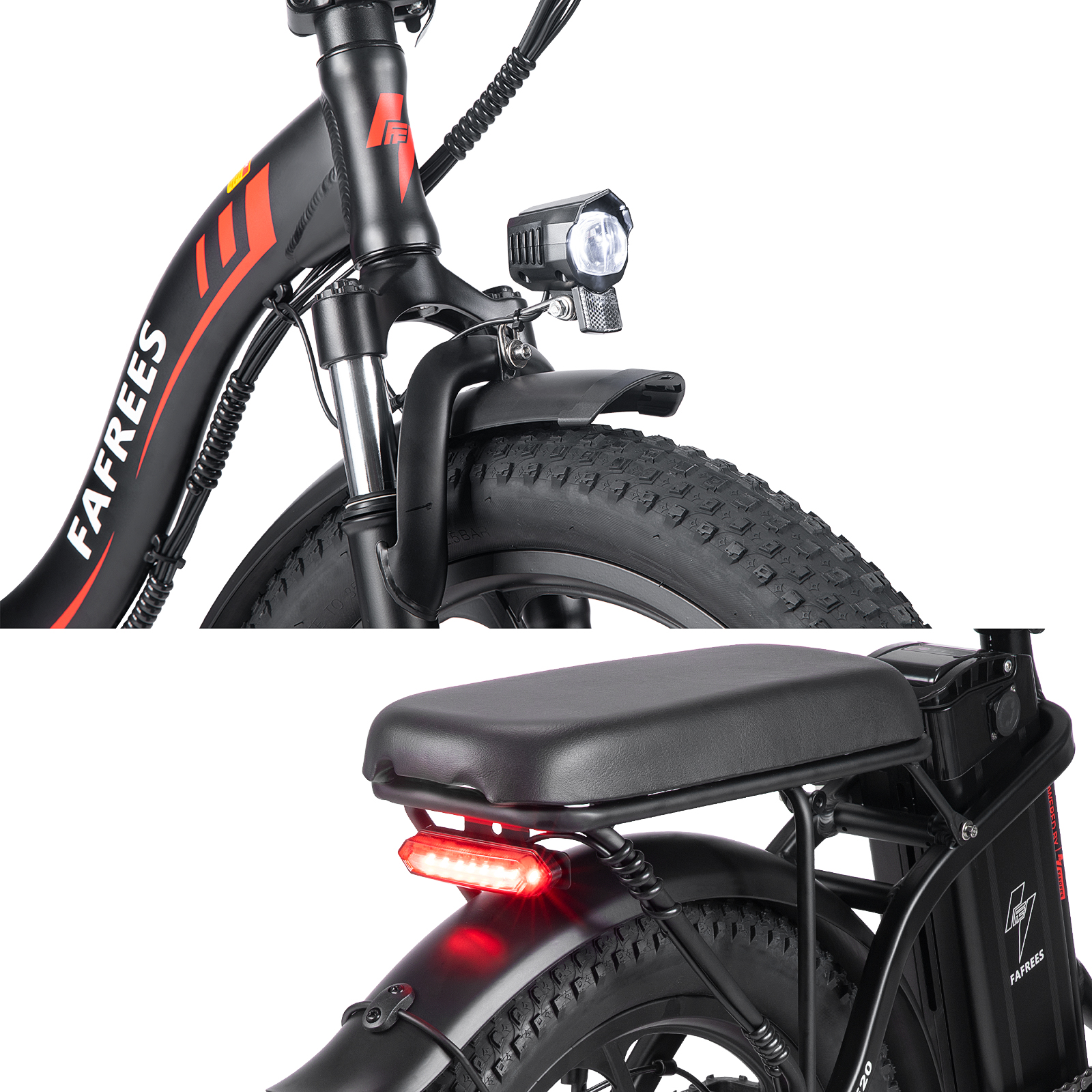 Nahaufnahme eines E-Bikes mit roten Akzenten, Licht und Rücklicht.