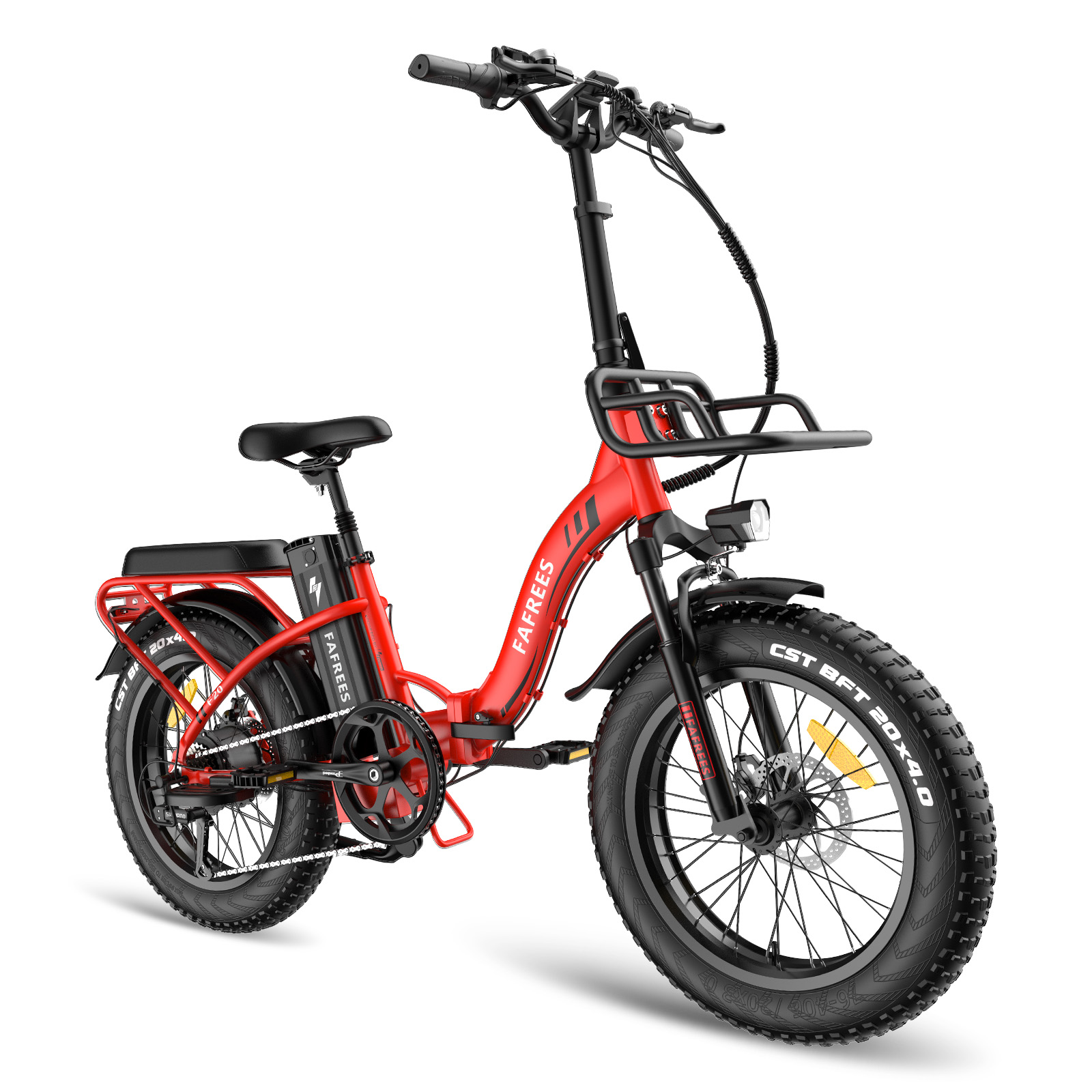 Rotes Elektrofahrrad mit schwarzen Reifen. Das Fahrrad hat einen Korb und einen Scheinwerfer.