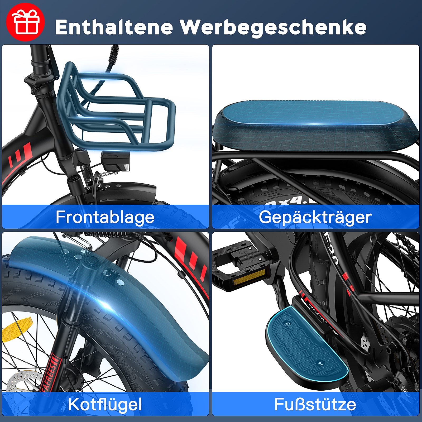Vier Fahrradteile sind abgebildet: Frontkorb, Heckträger, Kotflügel und Fußstütze. Blaue Markierungen zeigen die Teile.