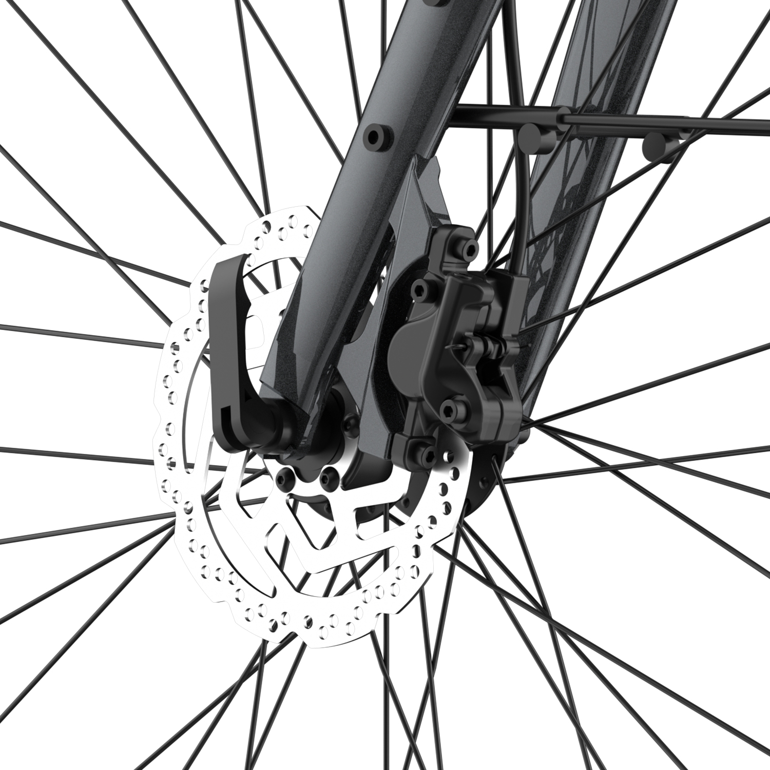 Primo piano del sistema frenante a disco di una bicicletta. Il rotore e la pinza sono il punto focale.