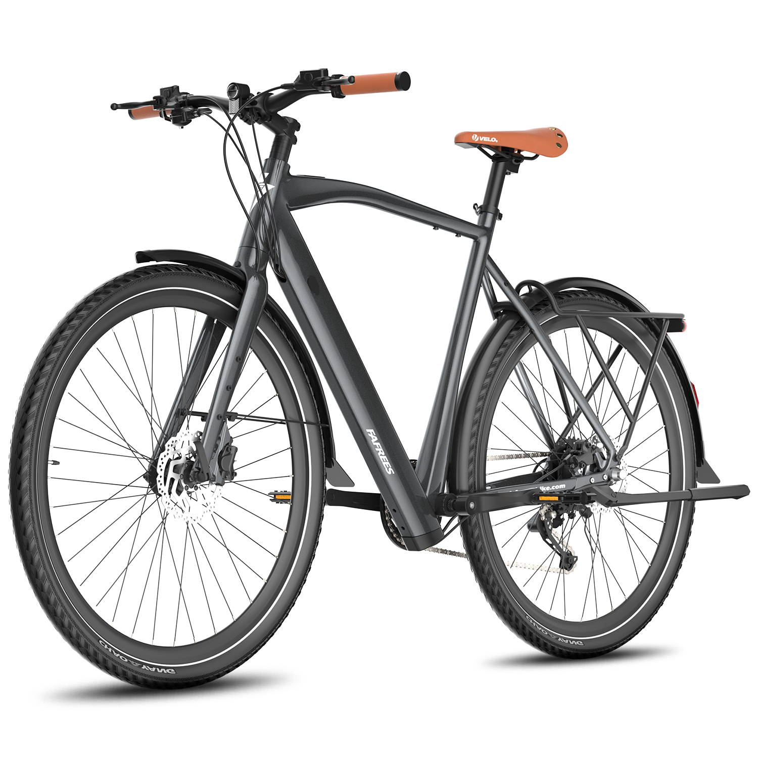 Bicicleta eléctrica gris con asiento y manillar marrones, sobre fondo blanco.