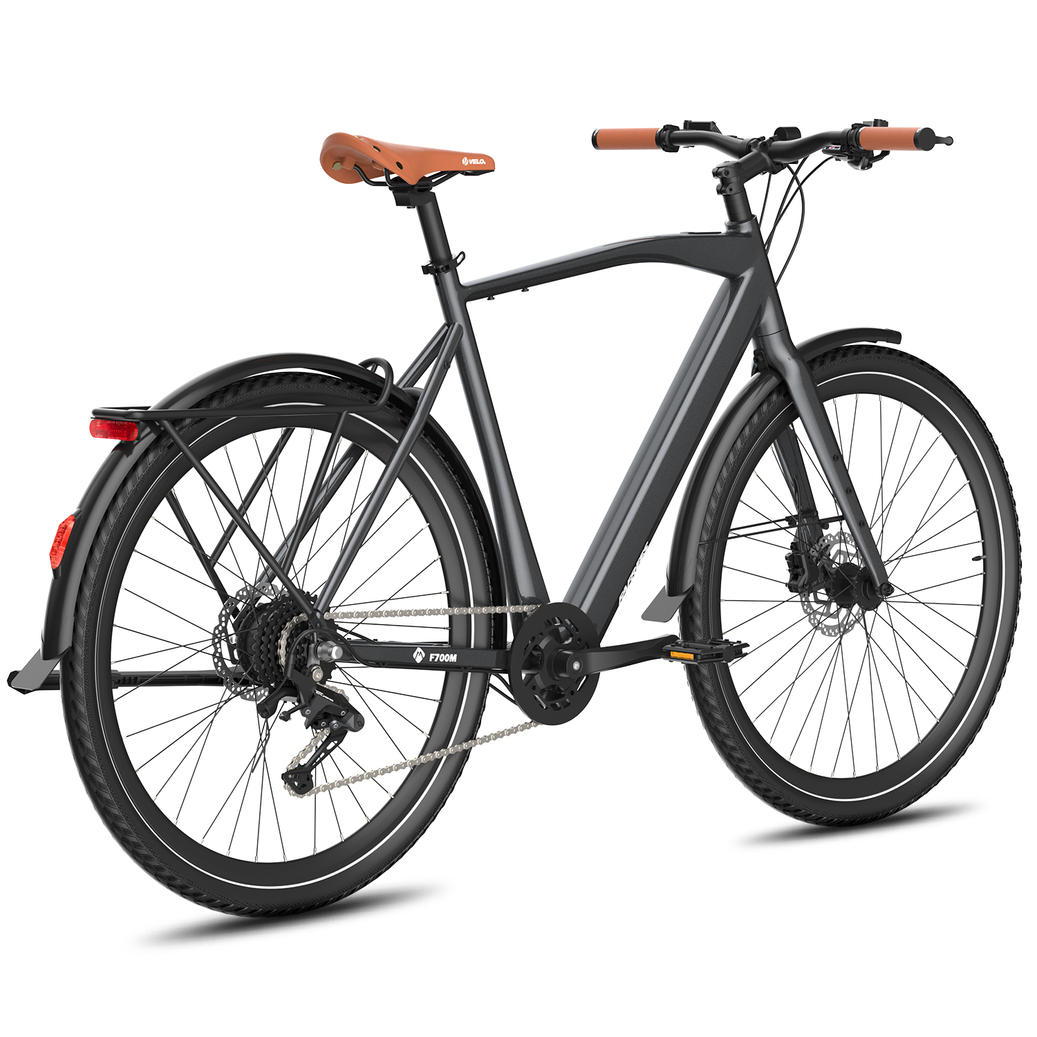 Una bici elettrica grigio scuro su sfondo bianco, vista laterale.