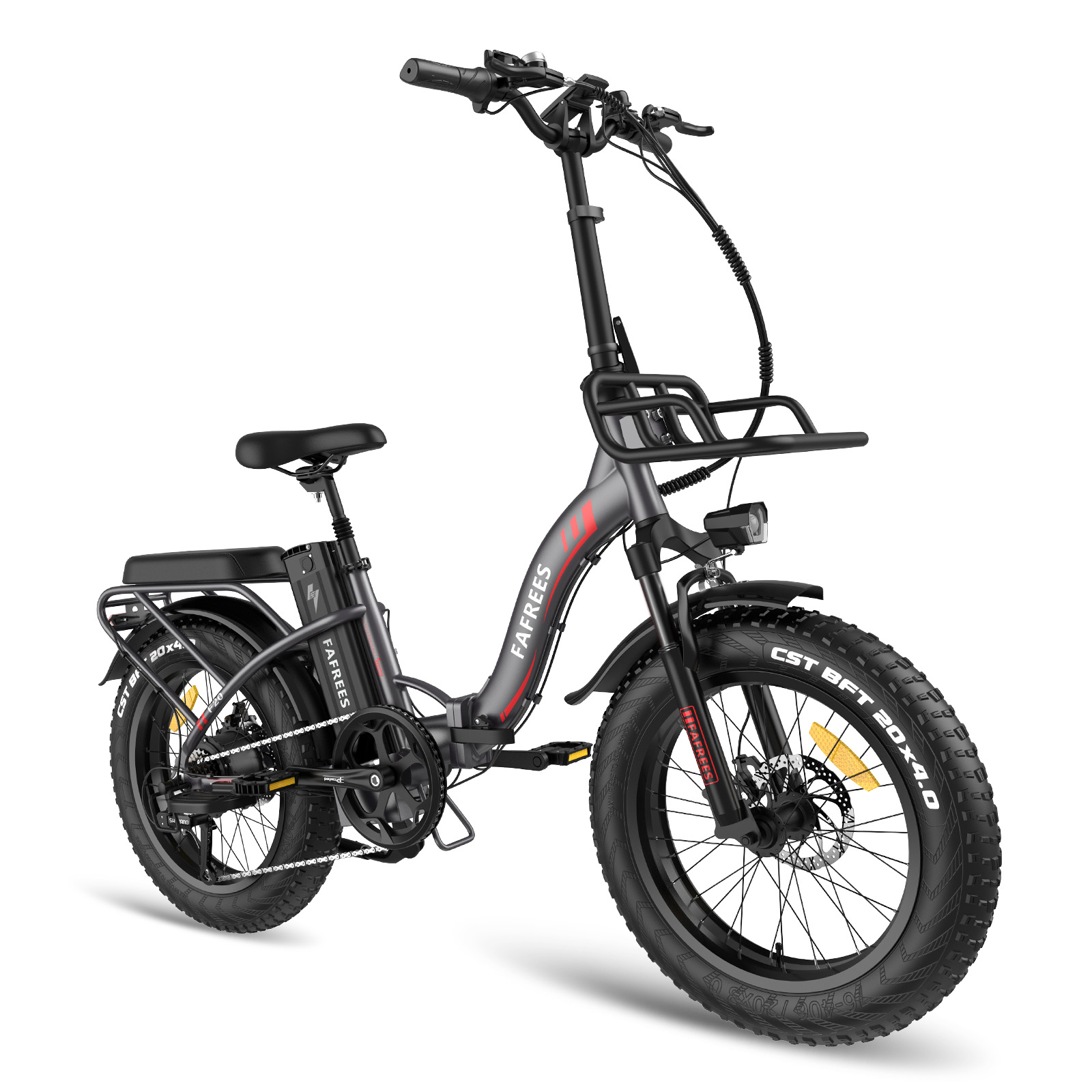 Graues, faltbares Elektrofahrrad mit schwarzen Reifen und Korb, weißer Hintergrund.