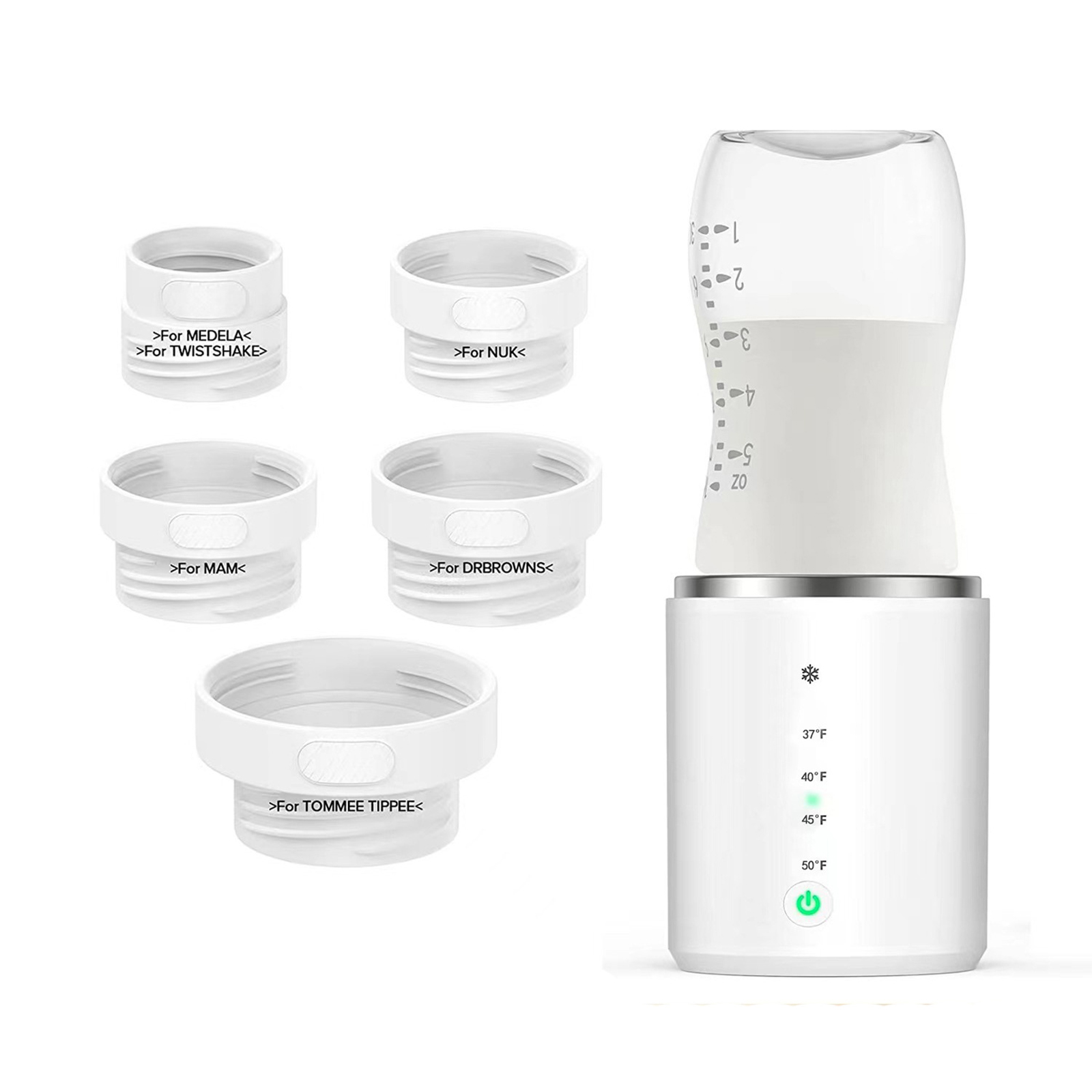 Weißer Flaschenwärmer und Adapterringe. Flasche mit Milch. Weißer Hintergrund. Text auf Ringen.