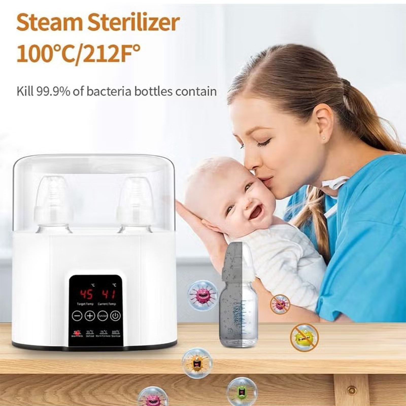 Baby und Mutter mit Sterilisator und Flasche mit Bakterienillustrationen.