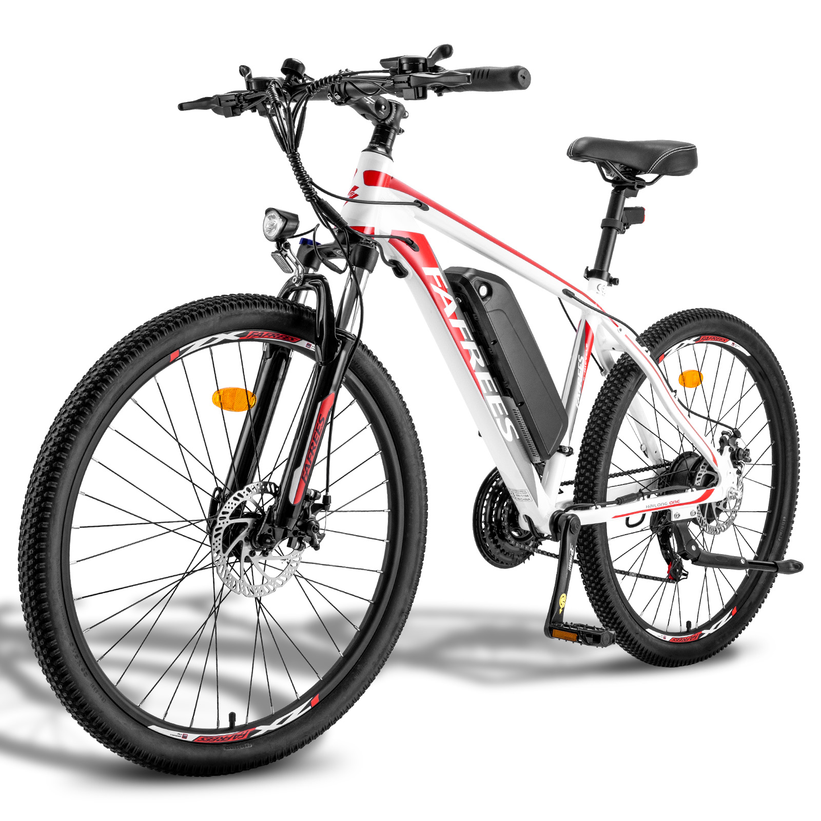 Una bicicleta eléctrica blanca y roja. Tiene una batería negra y luces.