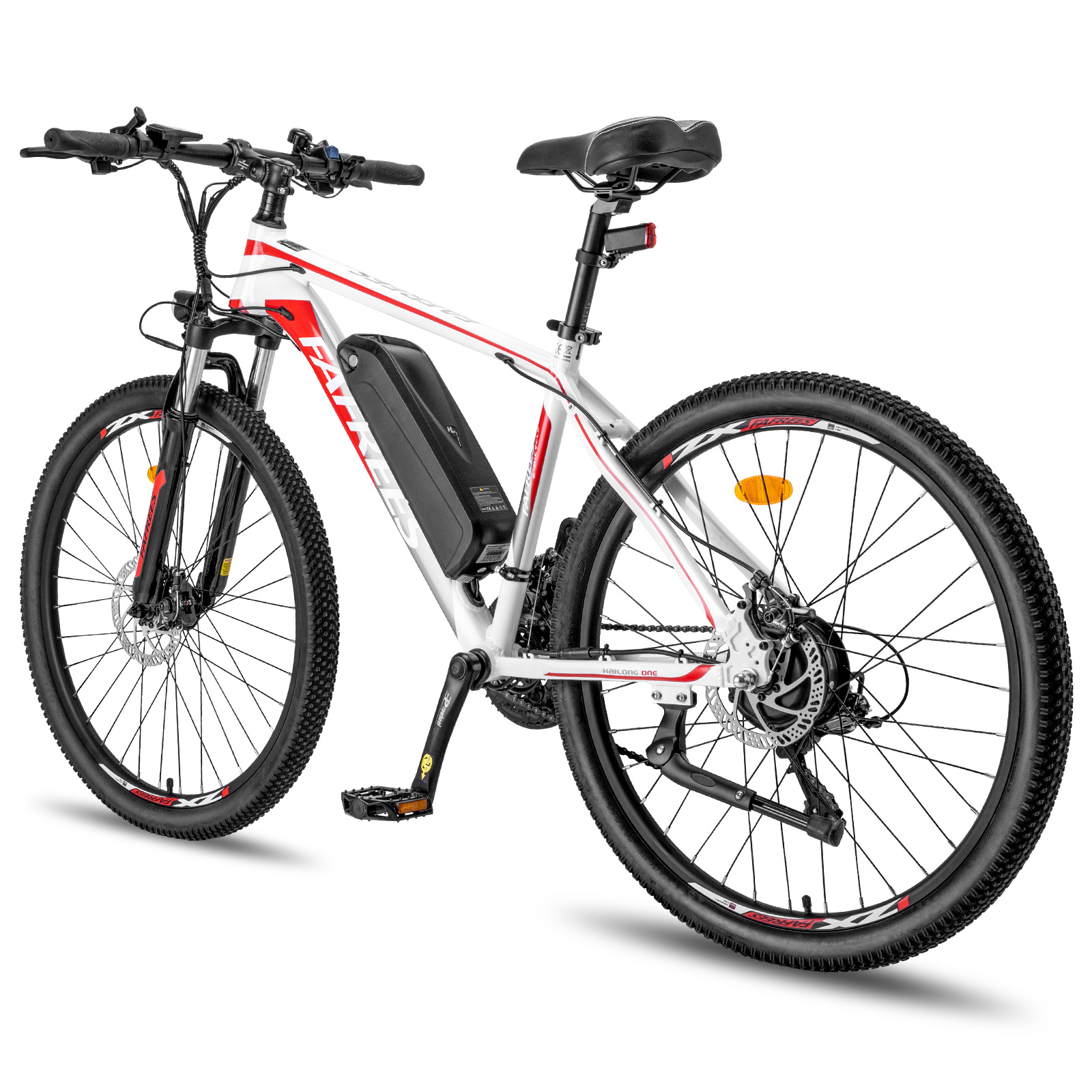 Bicicleta eléctrica blanca con detalles rojos. Llantas negras y batería en el cuadro. El fondo es blanco.
