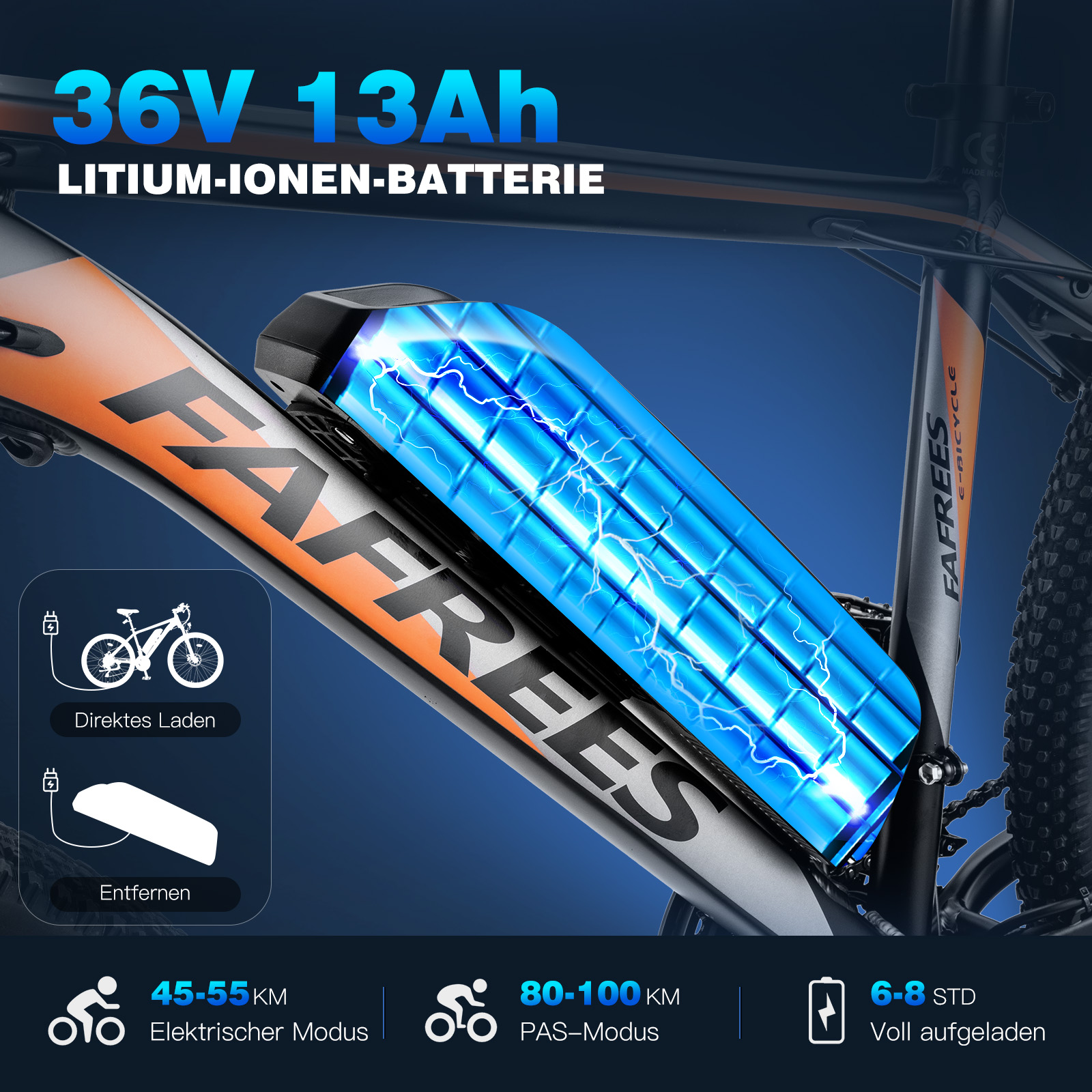 Una bicicletta elettrica con batteria, che mostra dettagli di autonomia e ricarica, su un telaio di bicicletta.