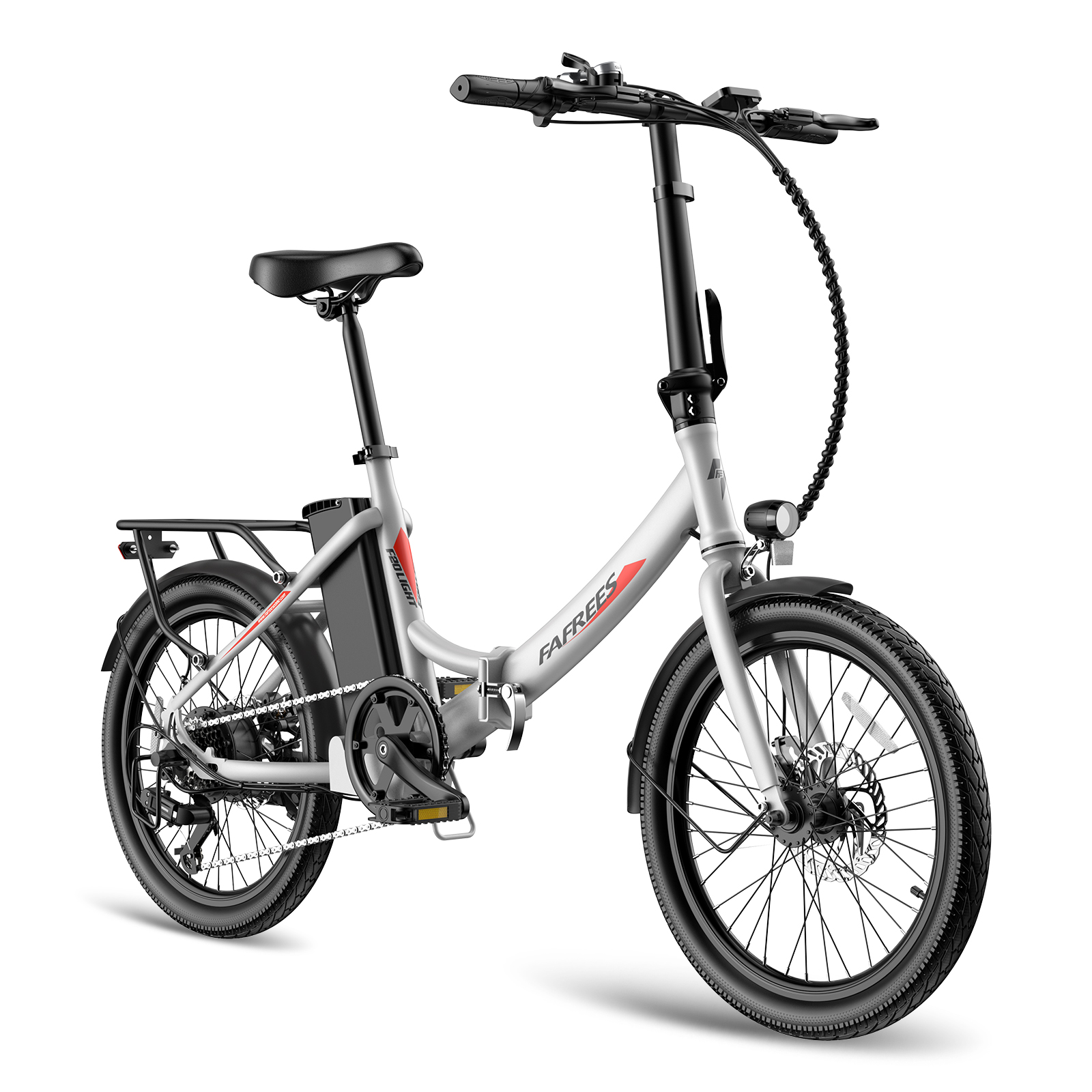 Silbernes E-Bike mit schwarzen Reifen, Sitz und Lenker. Rote Akzente am Rahmen.