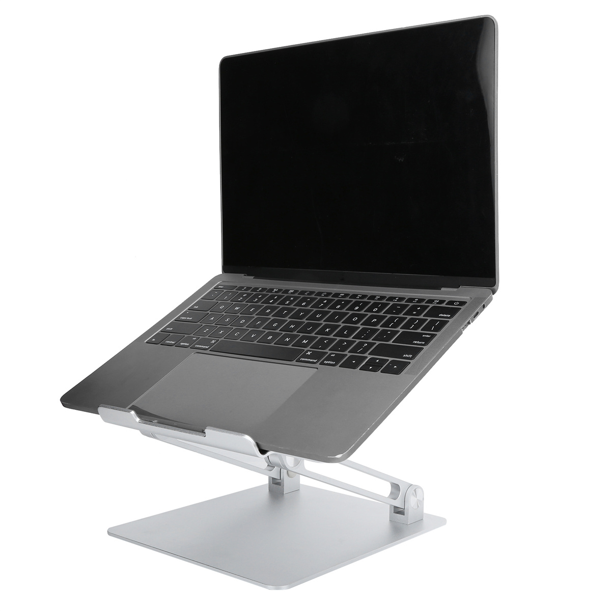 Laptop auf einem silbernen Ständer. Der Ständer ist verstellbar.