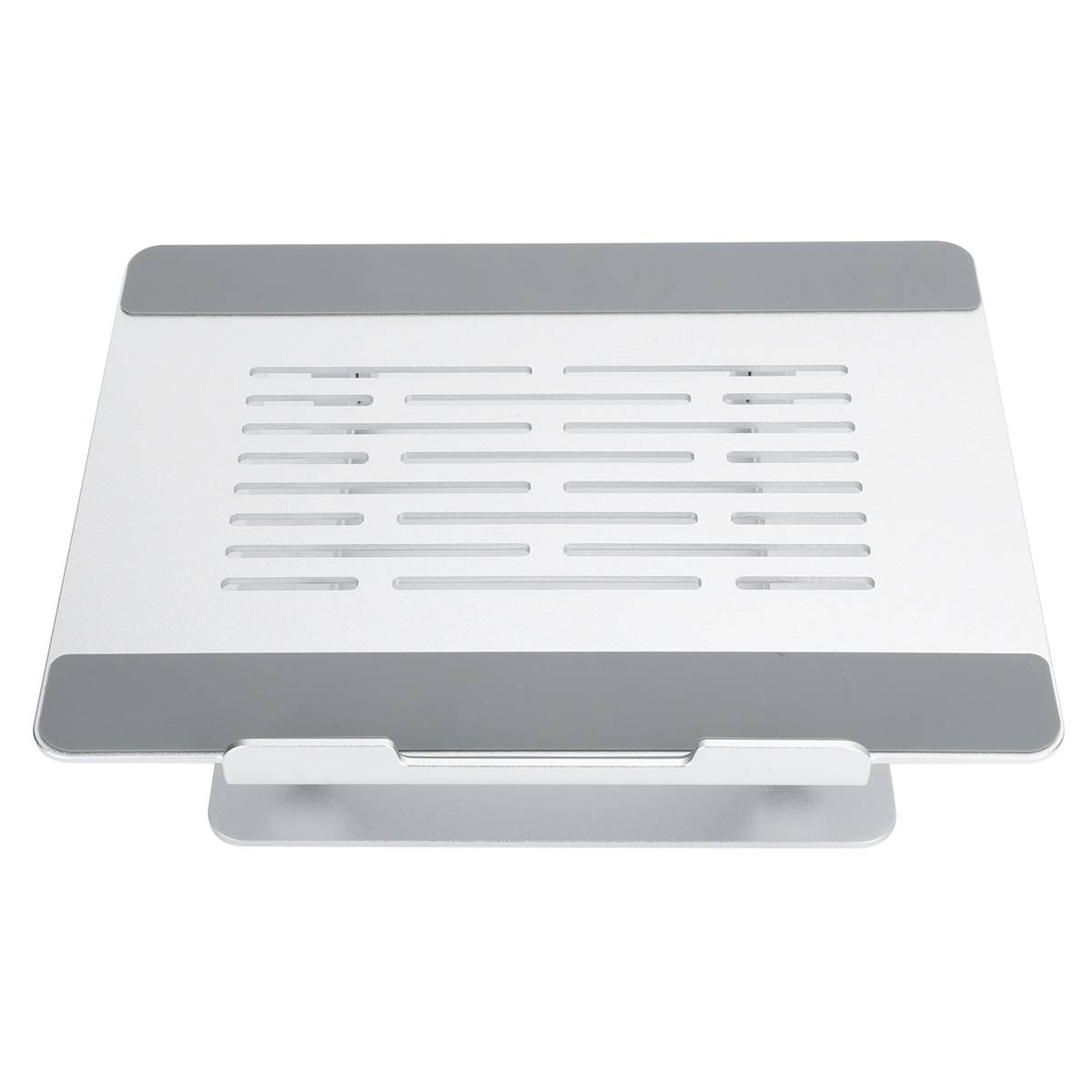 Laptopständer mit silbernem Oberteil und grauen Stützen. Der Ständer hat Lüftungslöcher.